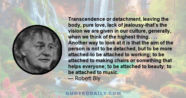 Transcendence or detachment, leaving the body, pure love, lack of jealousy-that's the vision we are given in our culture, generally, when we think of the highest thing. . . . Another way to look at it is that the aim of 