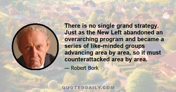 There is no single grand strategy. Just as the New Left abandoned an overarching program and became a series of like-minded groups advancing area by area, so it must counterattacked area by area.