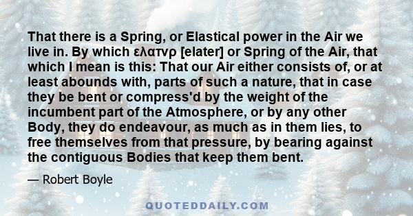 That there is a Spring, or Elastical power in the Air we live in. By which ελατνρ [elater] or Spring of the Air, that which I mean is this: That our Air either consists of, or at least abounds with, parts of such a