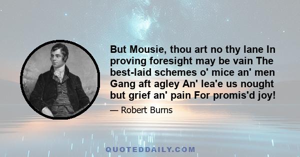 But Mousie, thou art no thy lane In proving foresight may be vain The best-laid schemes o' mice an' men Gang aft agley An' lea'e us nought but grief an' pain For promis'd joy!