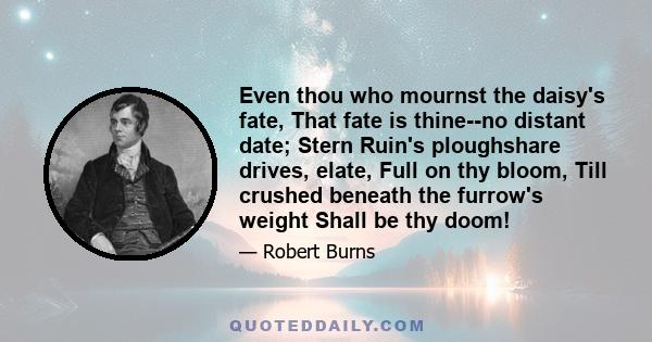 Even thou who mournst the daisy's fate, That fate is thine--no distant date; Stern Ruin's ploughshare drives, elate, Full on thy bloom, Till crushed beneath the furrow's weight Shall be thy doom!