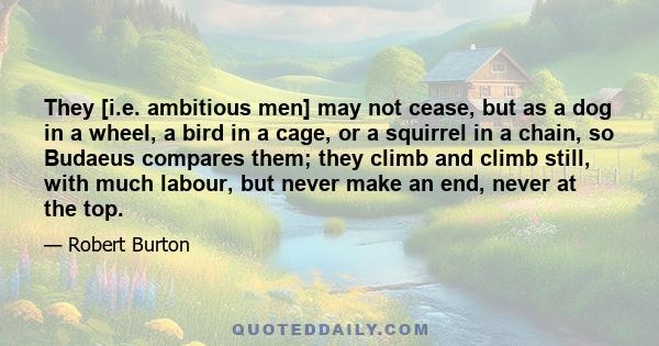 They [i.e. ambitious men] may not cease, but as a dog in a wheel, a bird in a cage, or a squirrel in a chain, so Budaeus compares them; they climb and climb still, with much labour, but never make an end, never at the