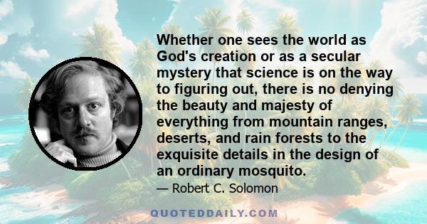 Whether one sees the world as God's creation or as a secular mystery that science is on the way to figuring out, there is no denying the beauty and majesty of everything from mountain ranges, deserts, and rain forests