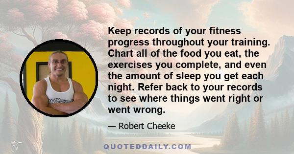 Keep records of your fitness progress throughout your training. Chart all of the food you eat, the exercises you complete, and even the amount of sleep you get each night. Refer back to your records to see where things