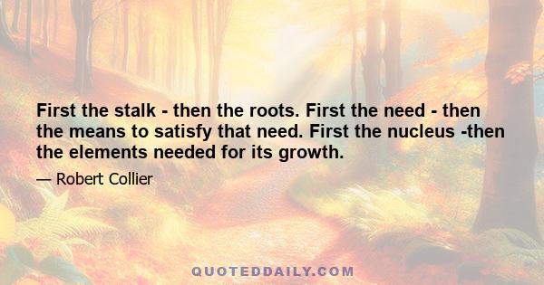 First the stalk - then the roots. First the need - then the means to satisfy that need. First the nucleus -then the elements needed for its growth.