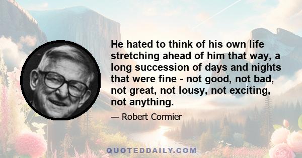 He hated to think of his own life stretching ahead of him that way, a long succession of days and nights that were fine - not good, not bad, not great, not lousy, not exciting, not anything.