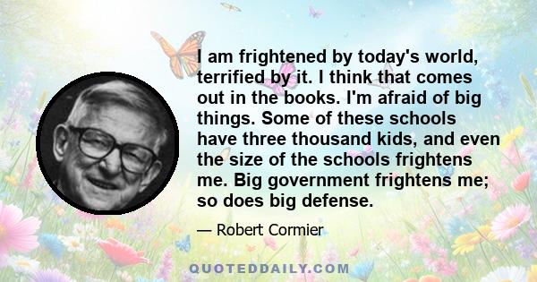 I am frightened by today's world, terrified by it. I think that comes out in the books. I'm afraid of big things. Some of these schools have three thousand kids, and even the size of the schools frightens me. Big