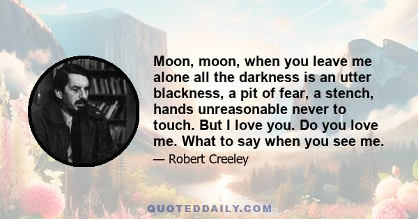 Moon, moon, when you leave me alone all the darkness is an utter blackness, a pit of fear, a stench, hands unreasonable never to touch. But I love you. Do you love me. What to say when you see me.