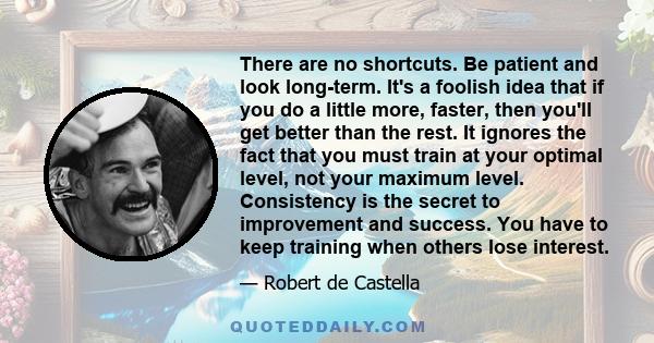 There are no shortcuts. Be patient and look long-term. It's a foolish idea that if you do a little more, faster, then you'll get better than the rest. It ignores the fact that you must train at your optimal level, not