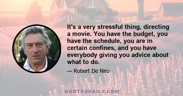 It's a very stressful thing, directing a movie. You have the budget, you have the schedule, you are in certain confines, and you have everybody giving you advice about what to do.