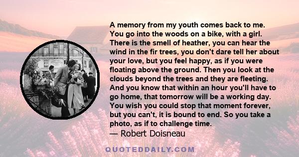 A memory from my youth comes back to me. You go into the woods on a bike, with a girl. There is the smell of heather, you can hear the wind in the fir trees, you don't dare tell her about your love, but you feel happy,