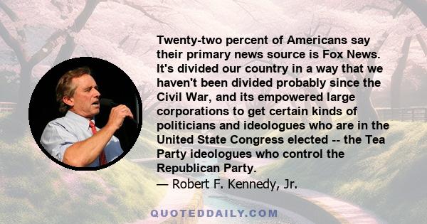 Twenty-two percent of Americans say their primary news source is Fox News. It's divided our country in a way that we haven't been divided probably since the Civil War, and its empowered large corporations to get certain 