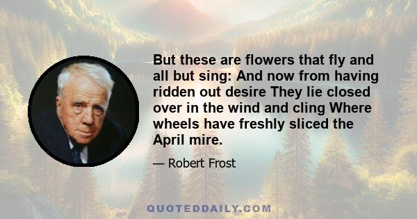 But these are flowers that fly and all but sing: And now from having ridden out desire They lie closed over in the wind and cling Where wheels have freshly sliced the April mire.