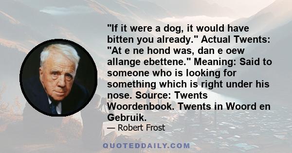 If it were a dog, it would have bitten you already. Actual Twents: At e ne hond was, dan e oew allange ebettene. Meaning: Said to someone who is looking for something which is right under his nose. Source: Twents