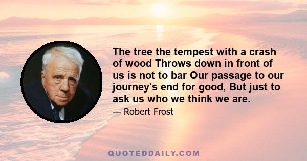 The tree the tempest with a crash of wood Throws down in front of us is not to bar Our passage to our journey's end for good, But just to ask us who we think we are.