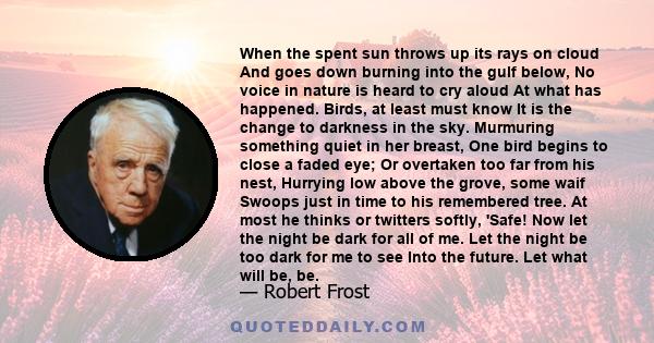 When the spent sun throws up its rays on cloud And goes down burning into the gulf below, No voice in nature is heard to cry aloud At what has happened. Birds, at least must know It is the change to darkness in the sky. 