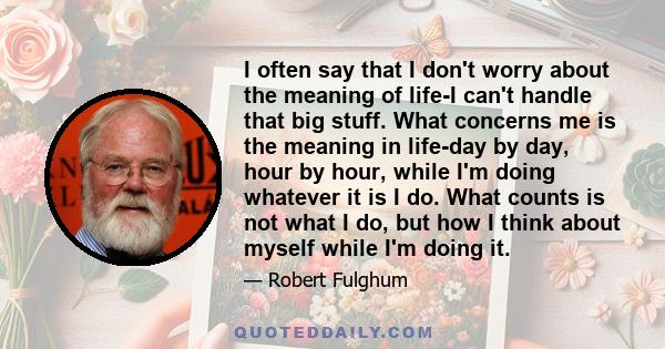 I often say that I don't worry about the meaning of life-I can't handle that big stuff. What concerns me is the meaning in life-day by day, hour by hour, while I'm doing whatever it is I do. What counts is not what I