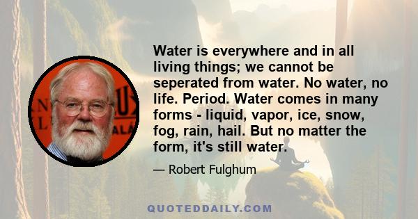 Water is everywhere and in all living things; we cannot be seperated from water. No water, no life. Period. Water comes in many forms - liquid, vapor, ice, snow, fog, rain, hail. But no matter the form, it's still water.