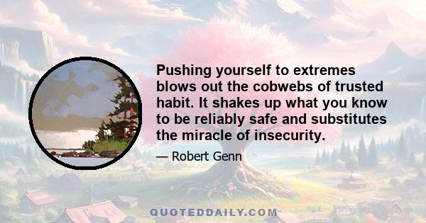 Pushing yourself to extremes blows out the cobwebs of trusted habit. It shakes up what you know to be reliably safe and substitutes the miracle of insecurity.