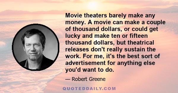 Movie theaters barely make any money. A movie can make a couple of thousand dollars, or could get lucky and make ten or fifteen thousand dollars, but theatrical releases don't really sustain the work. For me, it's the