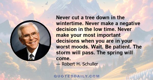 Never cut a tree down in the wintertime. Never make a negative decision in the low time. Never make your most important decisions when you are in your worst moods. Wait. Be patient. The storm will pass. The spring will