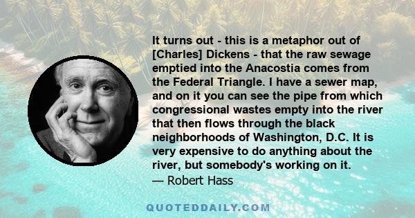 It turns out - this is a metaphor out of [Charles] Dickens - that the raw sewage emptied into the Anacostia comes from the Federal Triangle. I have a sewer map, and on it you can see the pipe from which congressional