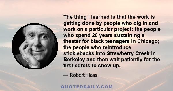 The thing I learned is that the work is getting done by people who dig in and work on a particular project: the people who spend 20 years sustaining a theater for black teenagers in Chicago; the people who reintroduce