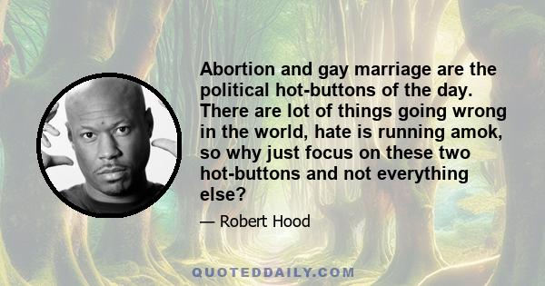 Abortion and gay marriage are the political hot-buttons of the day. There are lot of things going wrong in the world, hate is running amok, so why just focus on these two hot-buttons and not everything else?