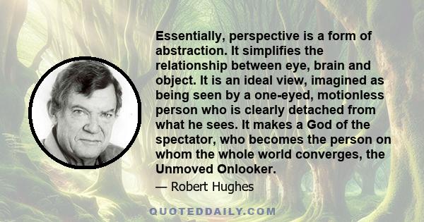 Essentially, perspective is a form of abstraction. It simplifies the relationship between eye, brain and object. It is an ideal view, imagined as being seen by a one-eyed, motionless person who is clearly detached from