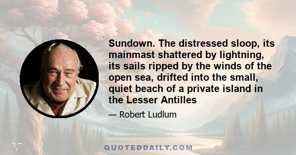 Sundown. The distressed sloop, its mainmast shattered by lightning, its sails ripped by the winds of the open sea, drifted into the small, quiet beach of a private island in the Lesser Antilles