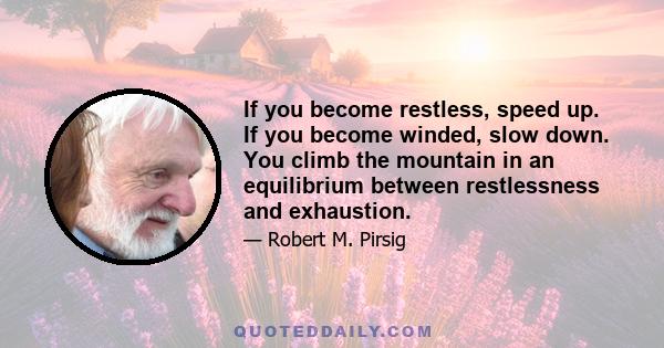 If you become restless, speed up. If you become winded, slow down. You climb the mountain in an equilibrium between restlessness and exhaustion.