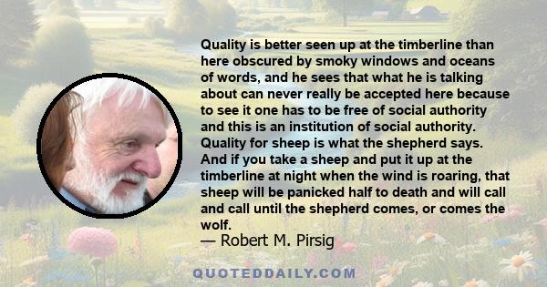 Quality is better seen up at the timberline than here obscured by smoky windows and oceans of words, and he sees that what he is talking about can never really be accepted here because to see it one has to be free of