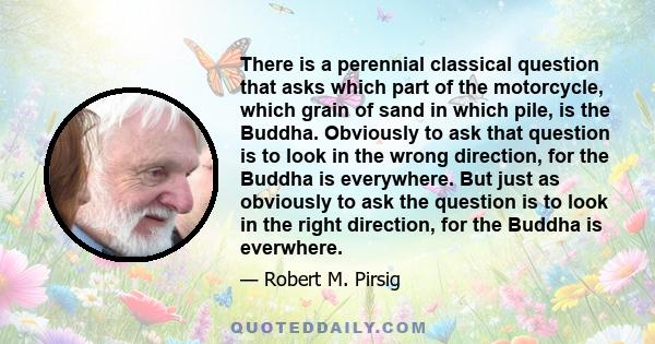 There is a perennial classical question that asks which part of the motorcycle, which grain of sand in which pile, is the Buddha. Obviously to ask that question is to look in the wrong direction, for the Buddha is