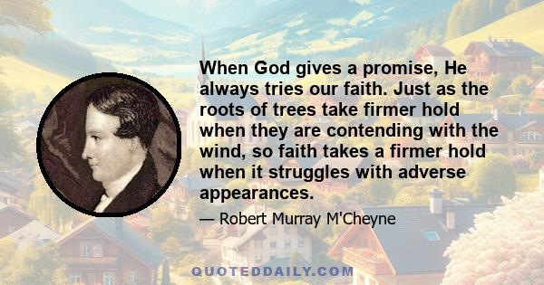 When God gives a promise, He always tries our faith. Just as the roots of trees take firmer hold when they are contending with the wind, so faith takes a firmer hold when it struggles with adverse appearances.