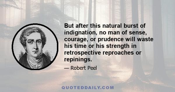 But after this natural burst of indignation, no man of sense, courage, or prudence will waste his time or his strength in retrospective reproaches or repinings.