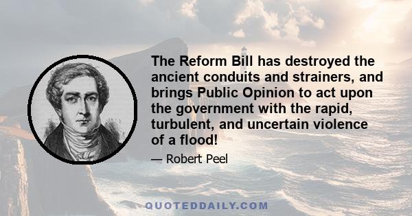 The Reform Bill has destroyed the ancient conduits and strainers, and brings Public Opinion to act upon the government with the rapid, turbulent, and uncertain violence of a flood!