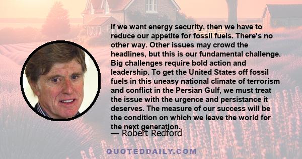 If we want energy security, then we have to reduce our appetite for fossil fuels. There's no other way. Other issues may crowd the headlines, but this is our fundamental challenge. Big challenges require bold action and 