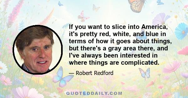 If you want to slice into America, it's pretty red, white, and blue in terms of how it goes about things, but there's a gray area there, and I've always been interested in where things are complicated.