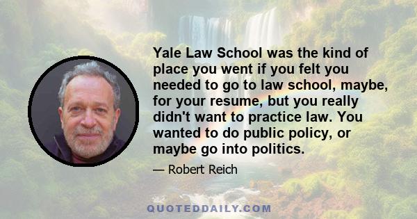 Yale Law School was the kind of place you went if you felt you needed to go to law school, maybe, for your resume, but you really didn't want to practice law. You wanted to do public policy, or maybe go into politics.