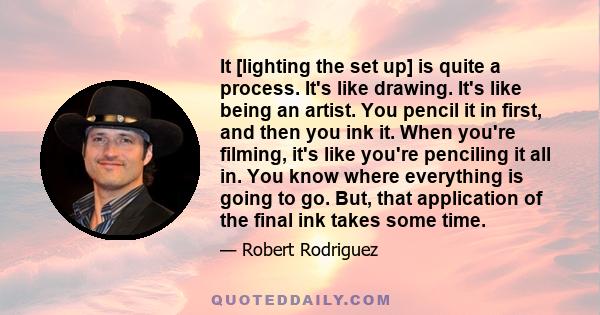 It [lighting the set up] is quite a process. It's like drawing. It's like being an artist. You pencil it in first, and then you ink it. When you're filming, it's like you're penciling it all in. You know where