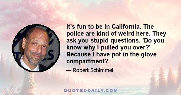 It's fun to be in California. The police are kind of weird here. They ask you stupid questions. 'Do you know why I pulled you over?' Because I have pot in the glove compartment?