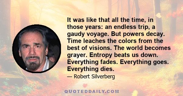 It was like that all the time, in those years: an endless trip, a gaudy voyage. But powers decay. Time leaches the colors from the best of visions. The world becomes grayer. Entropy beats us down. Everything fades.