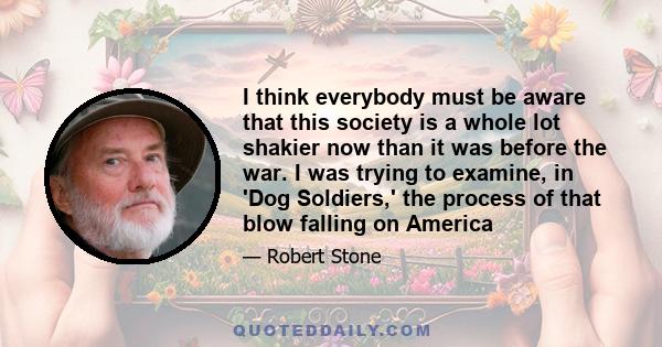 I think everybody must be aware that this society is a whole lot shakier now than it was before the war. I was trying to examine, in 'Dog Soldiers,' the process of that blow falling on America