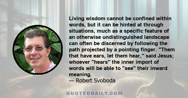 Living wisdom cannot be confined within words, but it can be hinted at through situations, much as a specific feature of an otherwise undistinguished landscape can often be discerned by following the path projected by a 