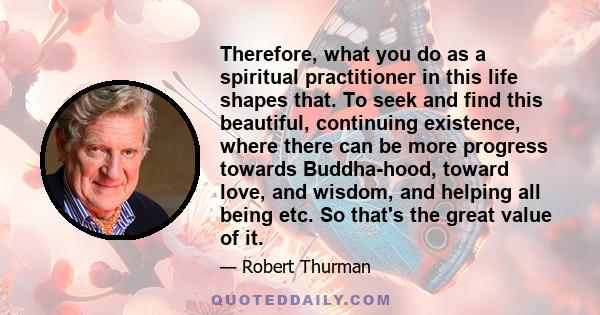 Therefore, what you do as a spiritual practitioner in this life shapes that. To seek and find this beautiful, continuing existence, where there can be more progress towards Buddha-hood, toward love, and wisdom, and