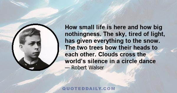 How small life is here and how big nothingness. The sky, tired of light, has given everything to the snow. The two trees bow their heads to each other. Clouds cross the world’s silence in a circle dance