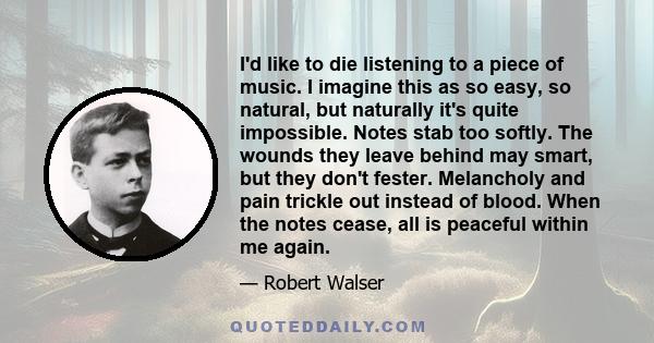 I'd like to die listening to a piece of music. I imagine this as so easy, so natural, but naturally it's quite impossible. Notes stab too softly. The wounds they leave behind may smart, but they don't fester. Melancholy 