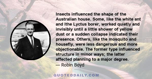 Insects influenced the shape of the Australian house. Some, like the white ant and lthe Lyctus borer, worked quietly and invisibly until a little shower of yellow dust or a sudden collapse indicated their presence.