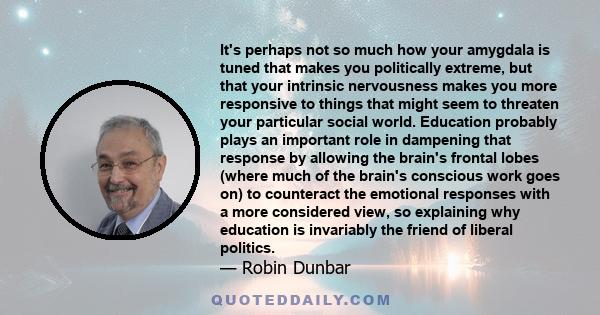 It's perhaps not so much how your amygdala is tuned that makes you politically extreme, but that your intrinsic nervousness makes you more responsive to things that might seem to threaten your particular social world.