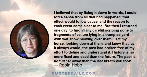 I believed that by fixing it down in words, I could force sense from all that had happened, that effect would follow cause, and the reason for each event come clear to me. But then I returned one day, to find all my